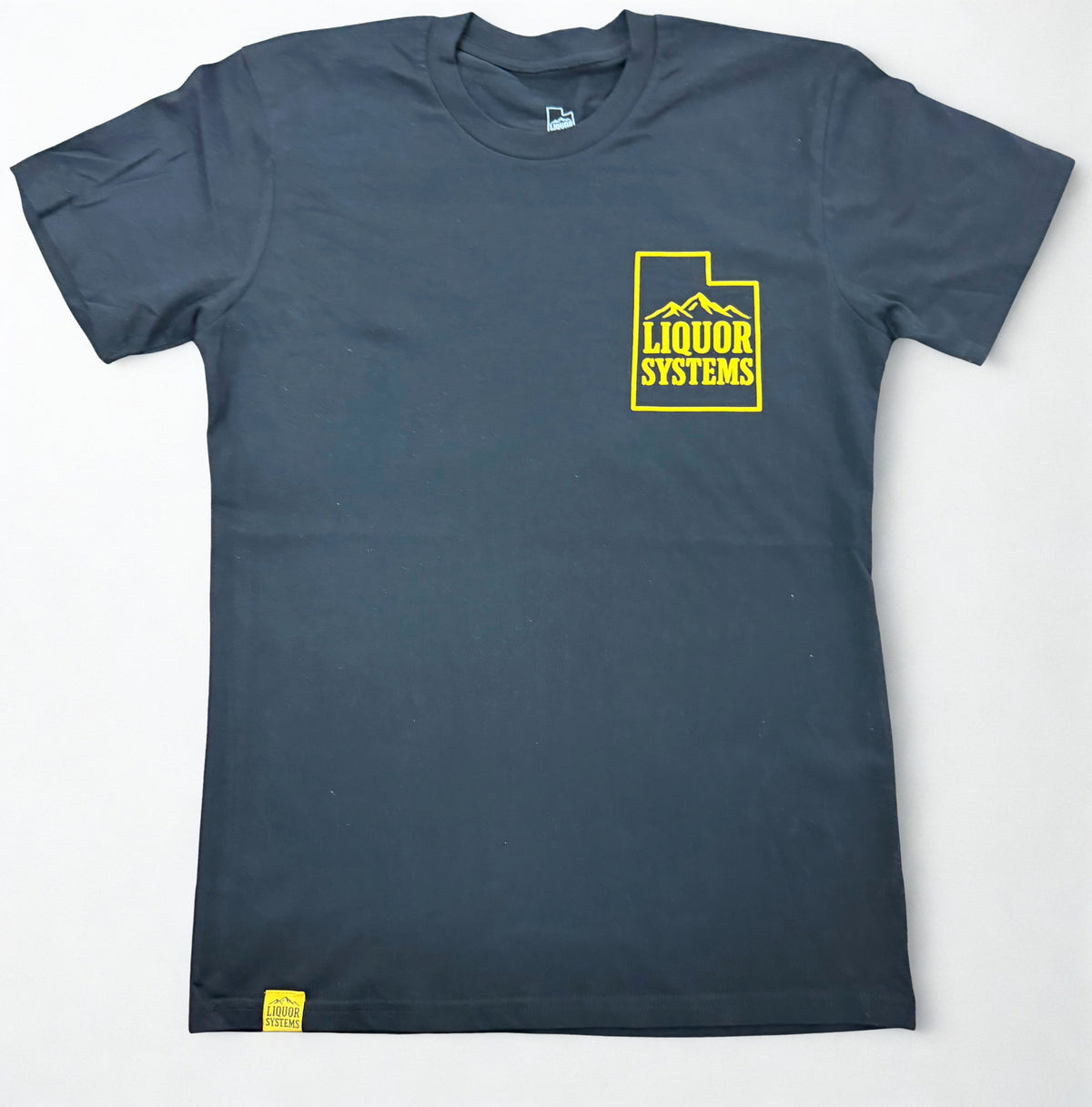 Black crew neck t-shirt, front view, with Liquor Systems of Utah logo on upper left chest