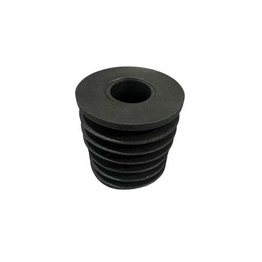 A black rubber cylindrical sleeve with a threaded ribbed lower section and a circular hollow center, shown on a plain white background.
